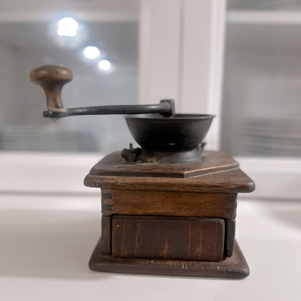 Antique vintage wooden coffee mill grinder crank kitchen decor farmhouse